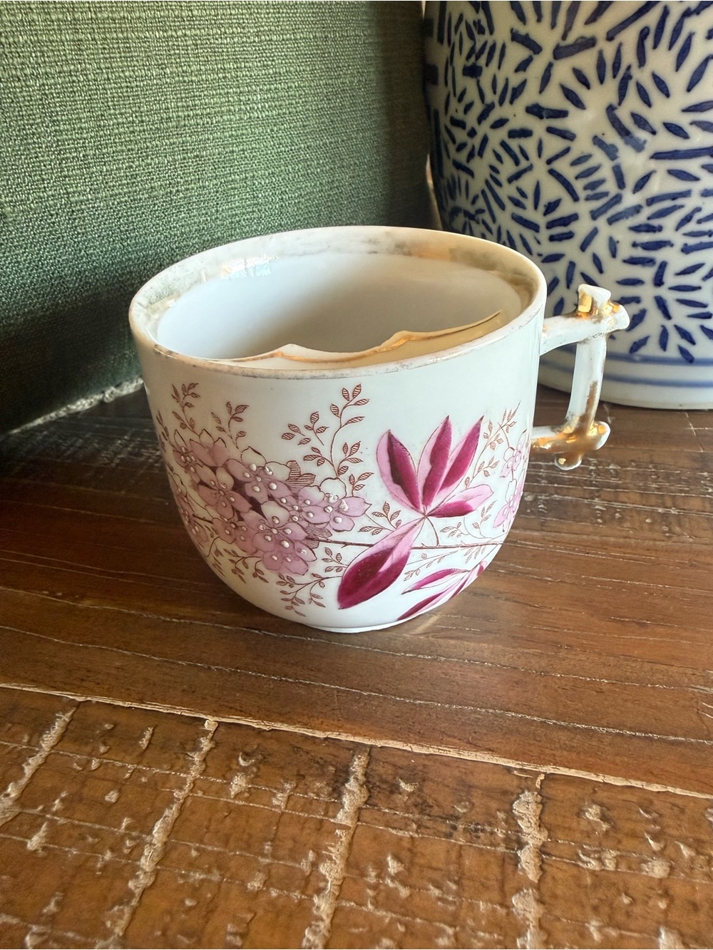 Antique Victorian Pink Floral Porcelain Mustache Cup Mug